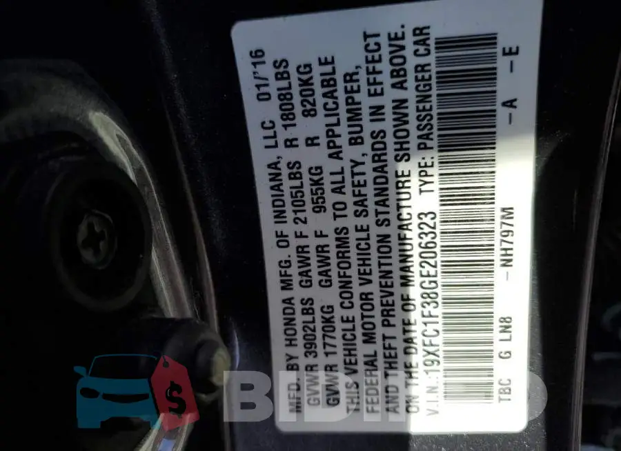 19XFC1F38GE206323 Photo# 12