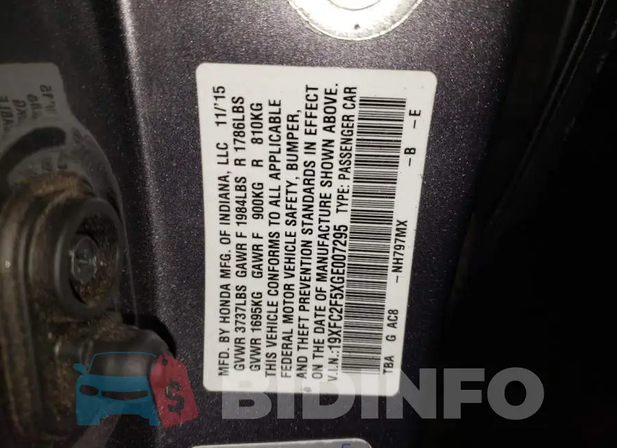19XFC2F5XGE007295 Photo# 12