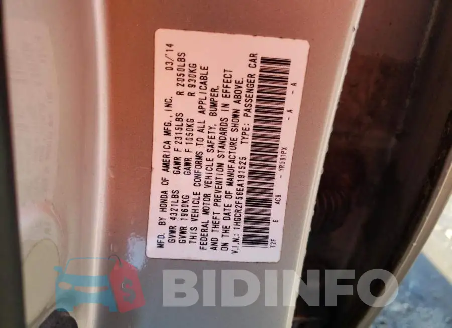 1HGCR2F56EA191525 Photo# 12