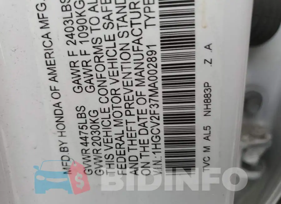 1HGCV2F37MA002891 Photo# 12