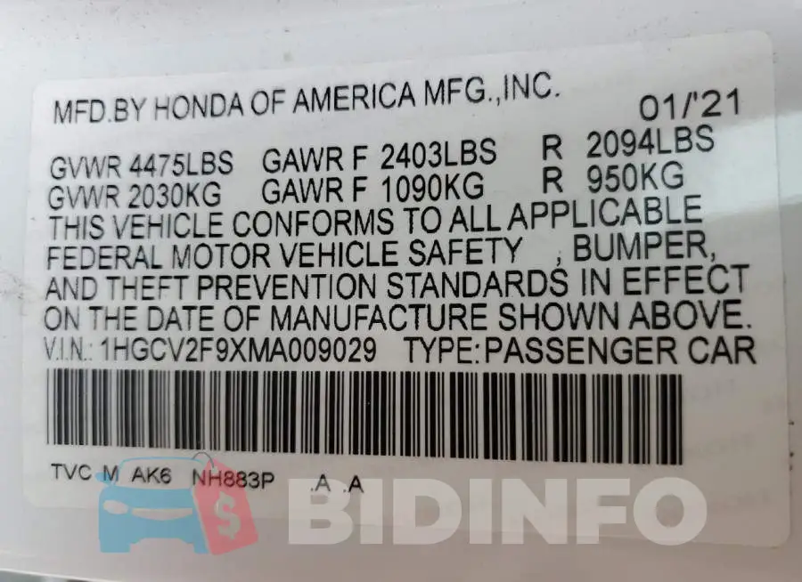 1HGCV2F9XMA009029 Photo# 12
