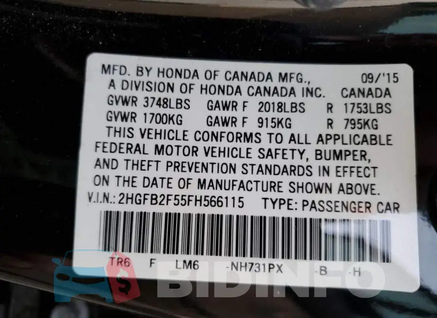 2HGFB2F55FH566115 Photo# 13