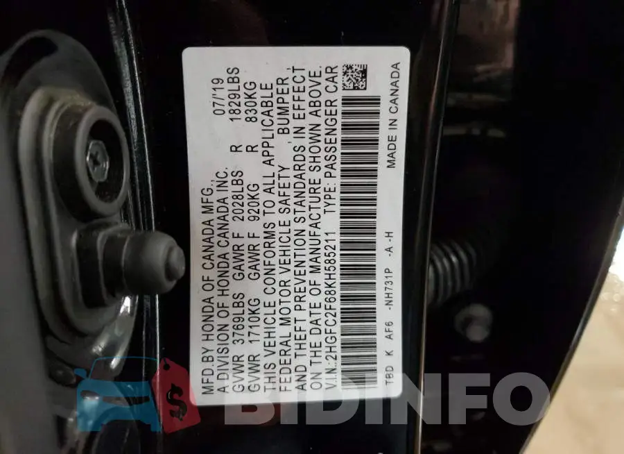 2HGFC2F68KH585211 Photo# 13