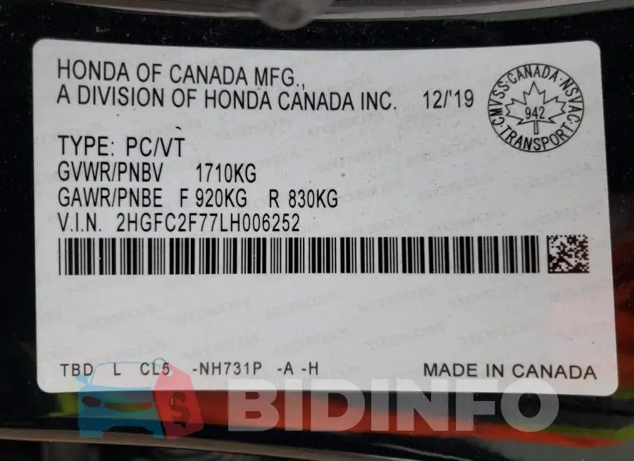 2HGFC2F77LH006252 Photo# 12