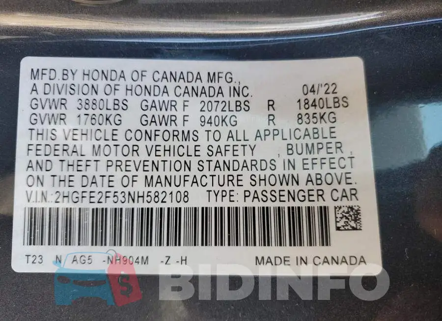 2HGFE2F53NH582108 Photo# 12