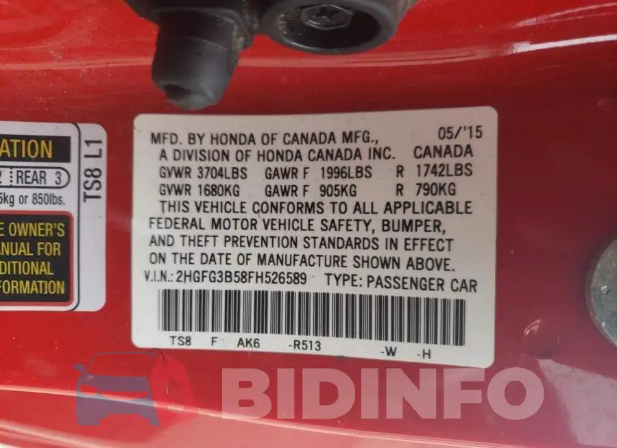 2HGFG3B58FH526589 Photo# 13