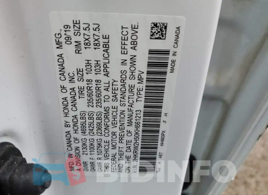 2HKRW2H50KH661213 Photo# 13