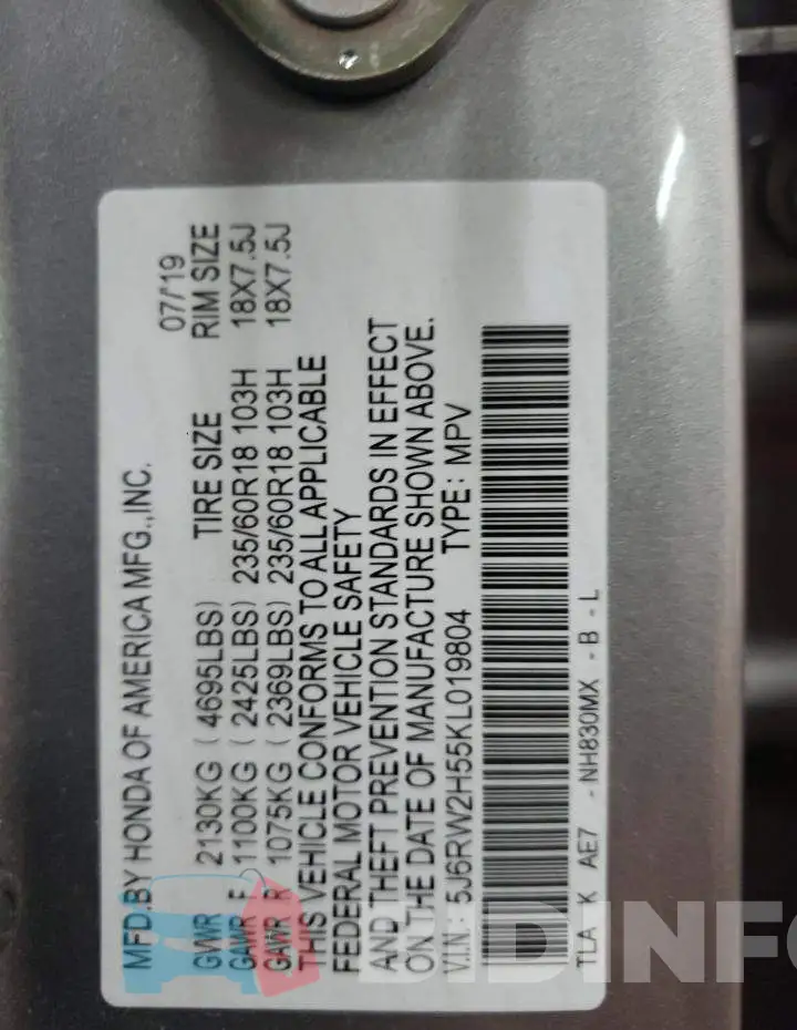5J6RW2H55KL019804 Photo# 14