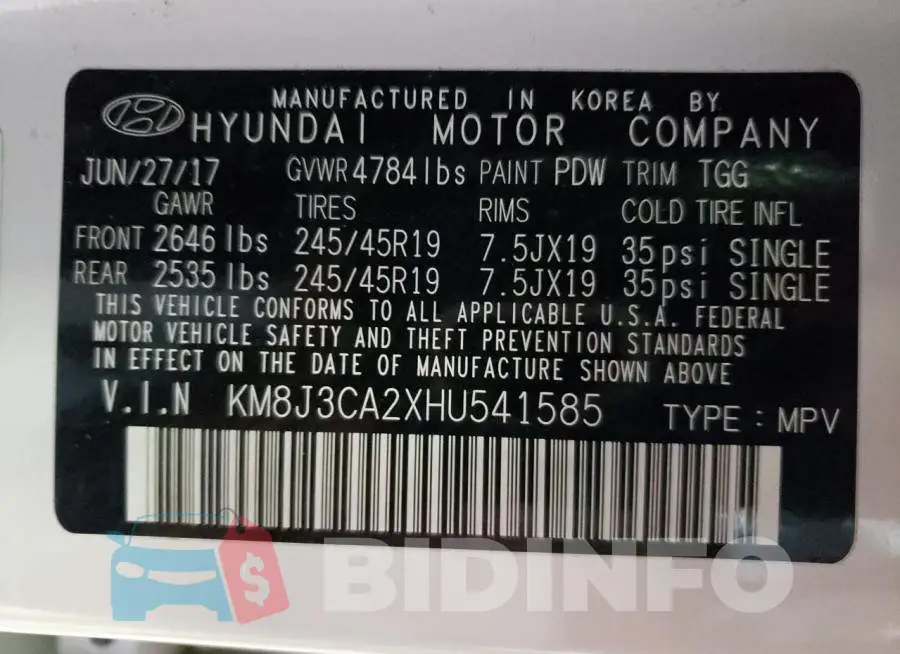 KM8J3CA2XHU541585 Photo# 12