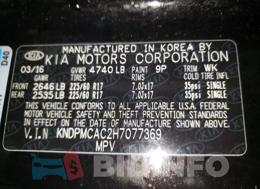KNDPMCAC2H7077369 Photo# 14