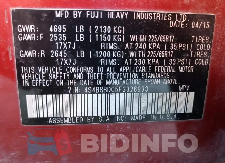4S4BSBDC5F3326933 Photo# 13
