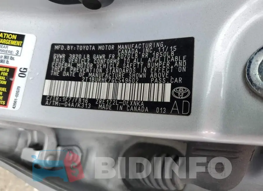 2T1BURHE7GC549602 Photo# 13