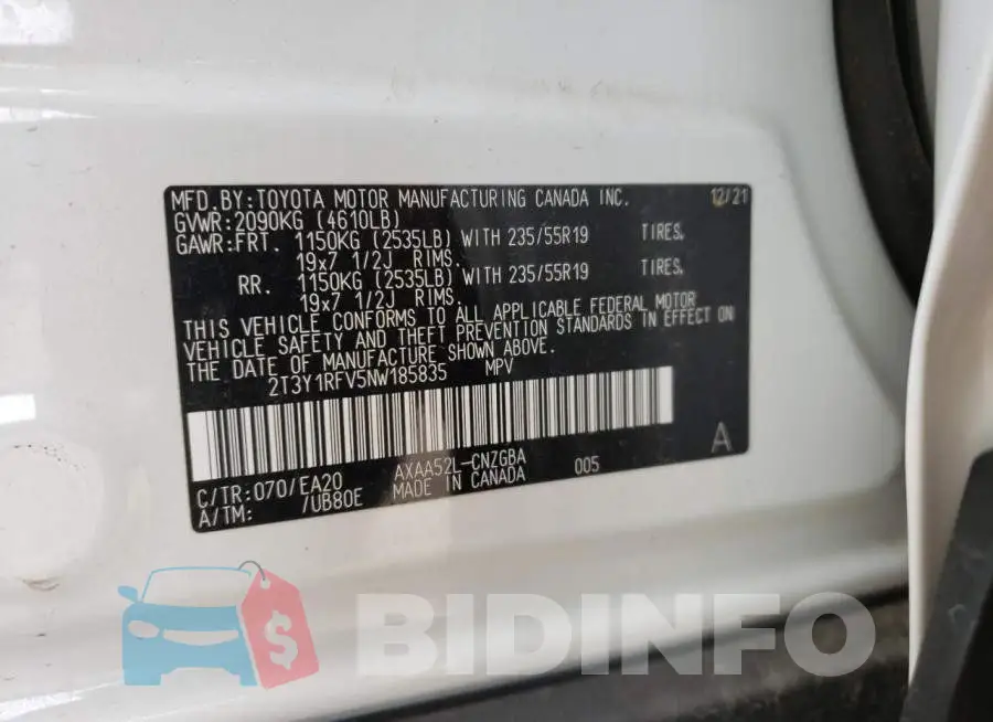 2T3Y1RFV5NW185835 Photo# 13