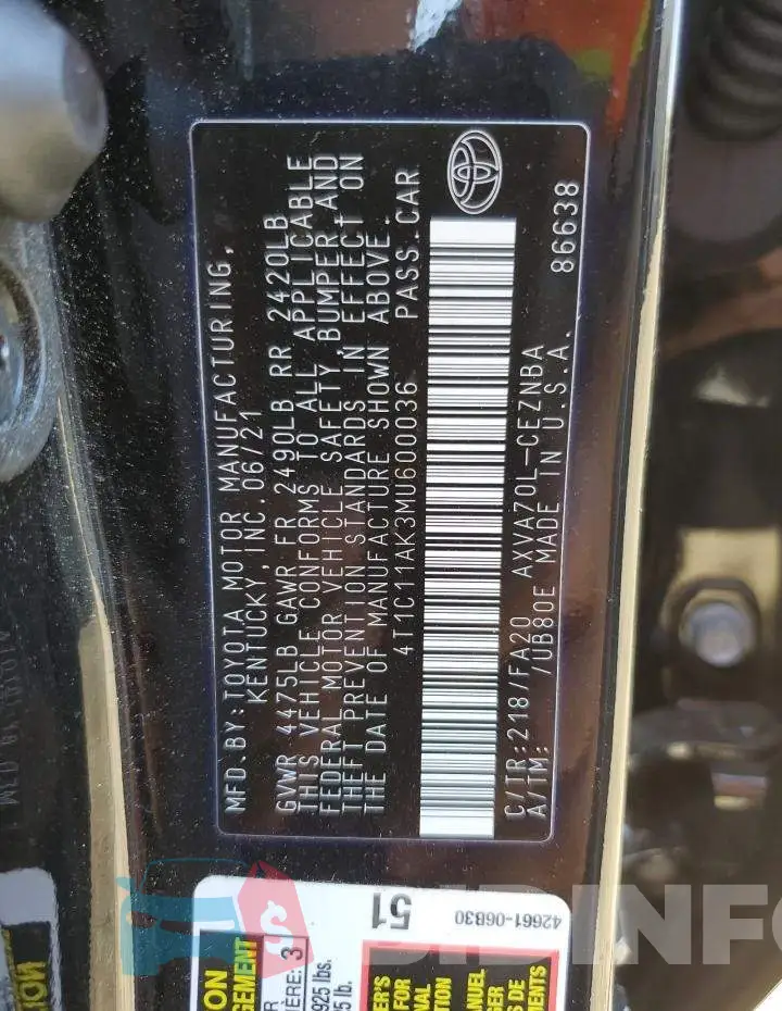 4T1C11AK3MU600036 Photo# 10
