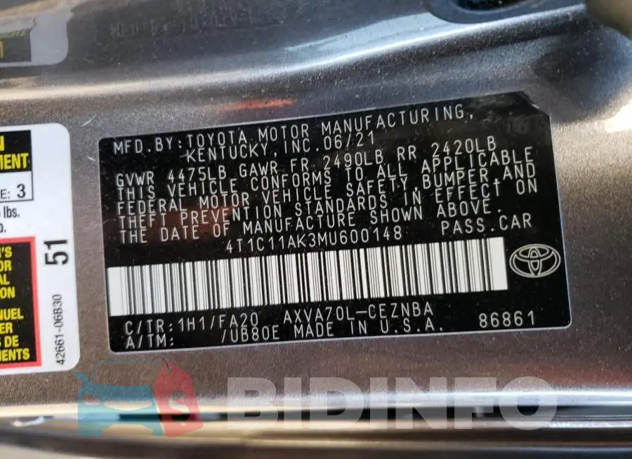4T1C11AK3MU600148 Photo# 12