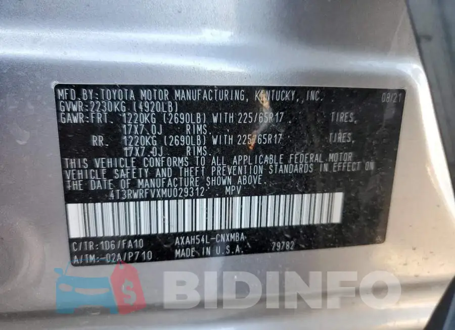 4T3RWRFVXMU029312 Photo# 13