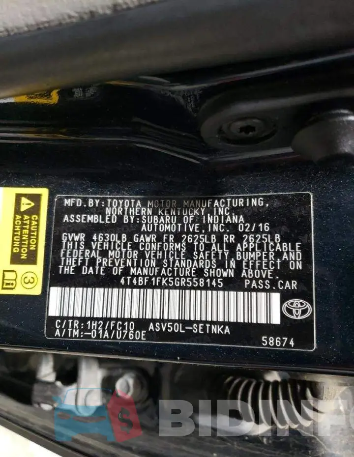 4T4BF1FK5GR558145 Photo# 12