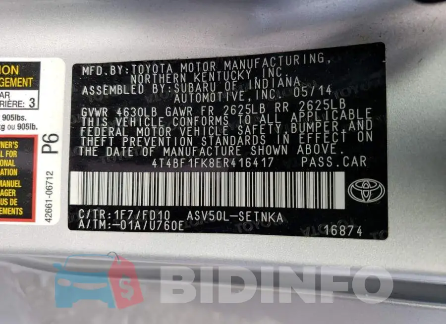 4T4BF1FK8ER416417 Photo# 13