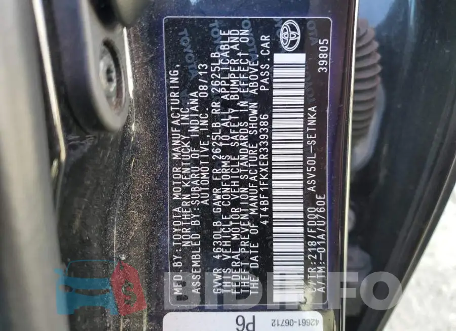 4T4BF1FKXER339386 Photo# 13