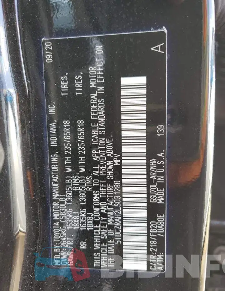 5TDCZRAH2LS031280 Photo# 13