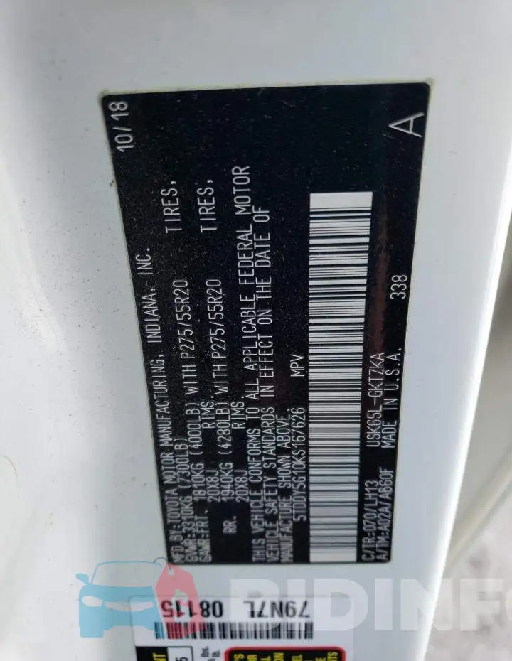 5TDDY5G10KS167626 Photo# 13