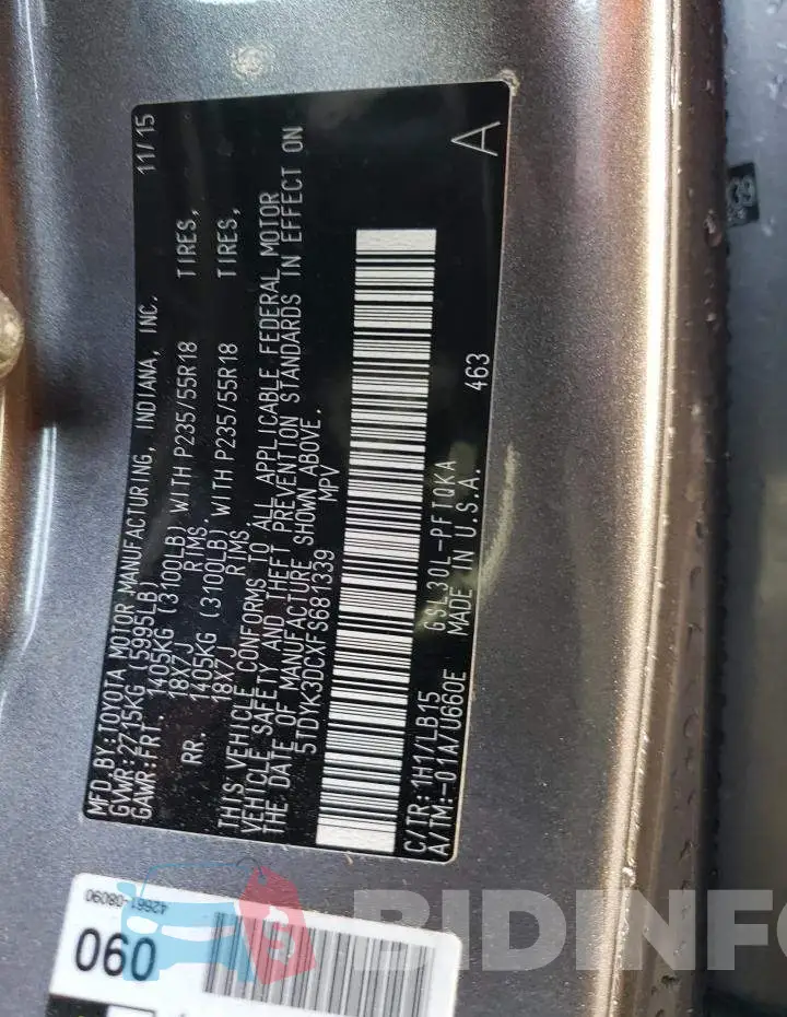 5TDYK3DCXFS681339 Photo# 13