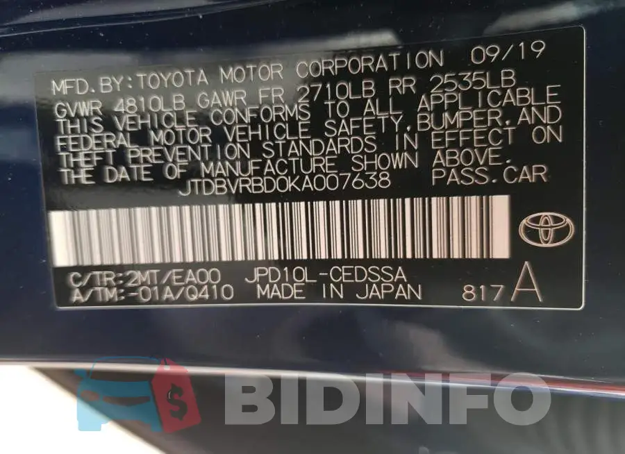 JTDBVRBD0KA007638 Photo# 13