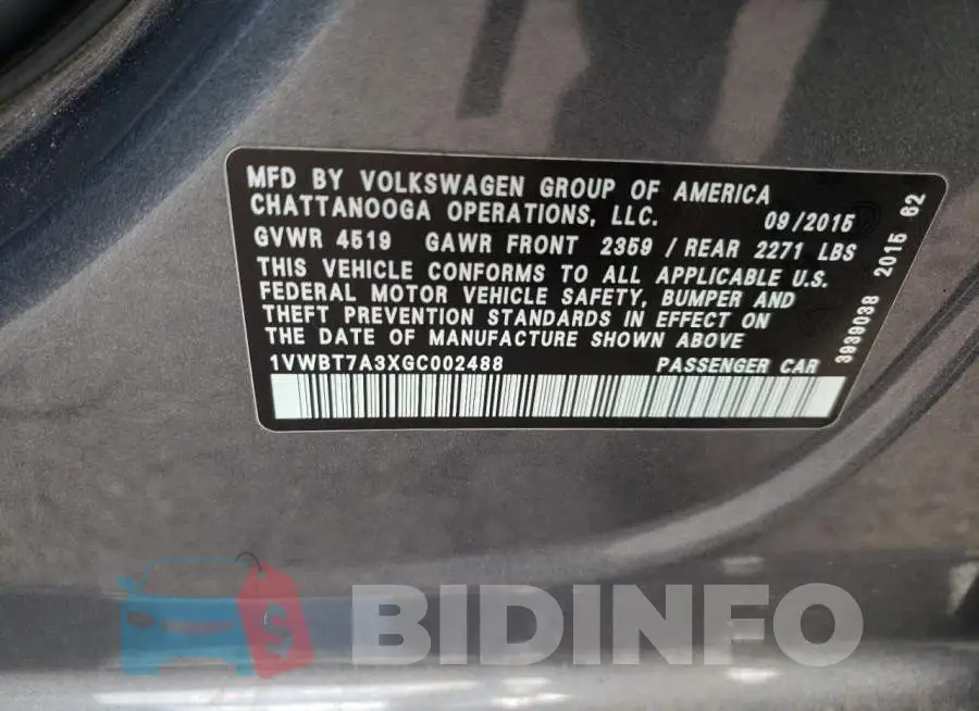 1VWBT7A3XGC002488 Photo# 13
