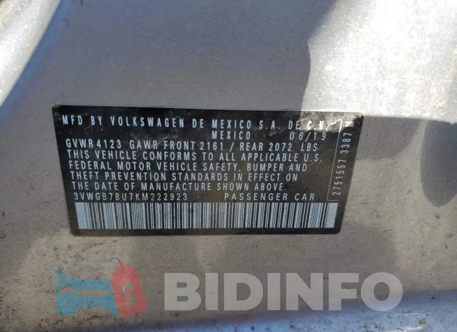 3VWGB7BU7KM222923 Photo# 10