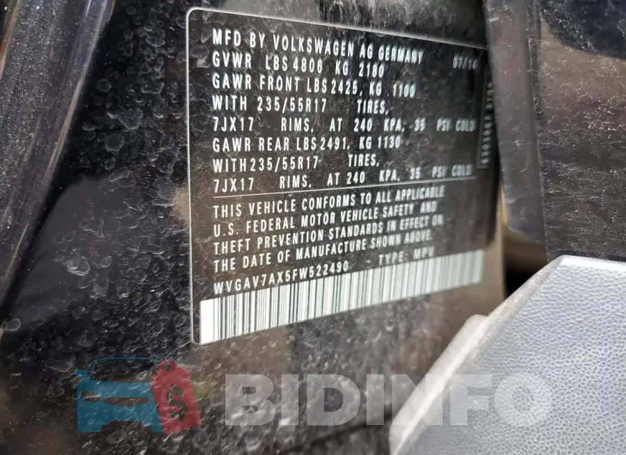 WVGAV7AX5FW522490 Photo# 14
