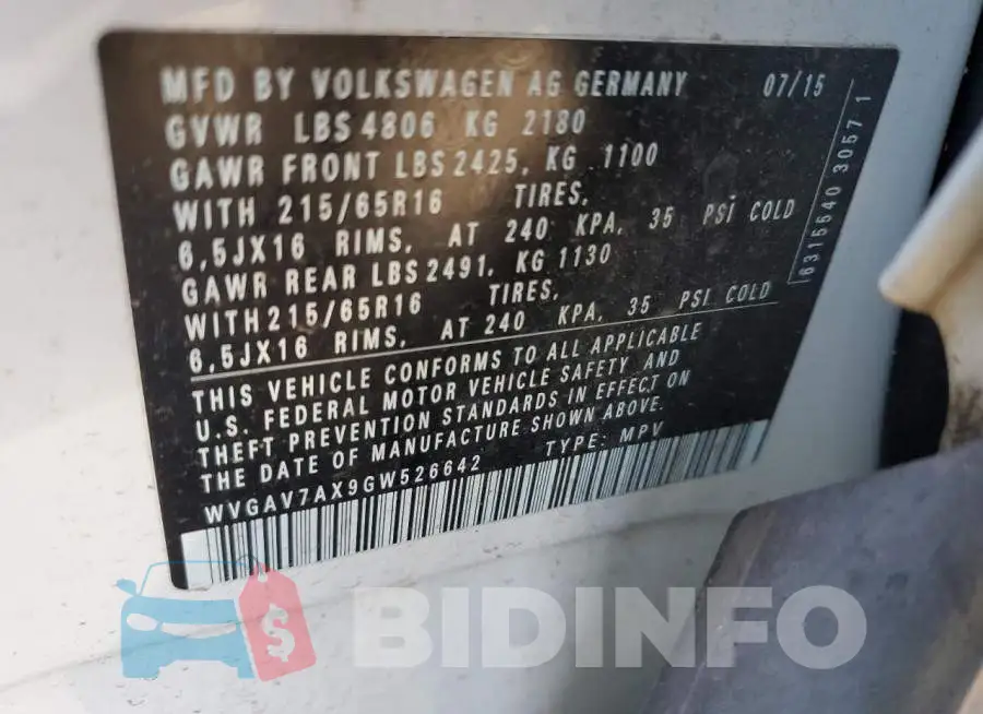 WVGAV7AX9GW526642 Photo# 13