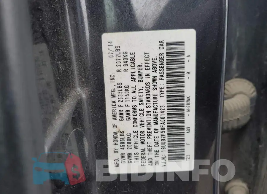 19UUB2F50FA001423 Photo# 12