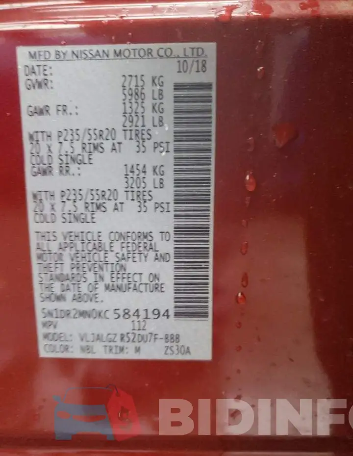 5N1DR2MN0KC584194 Photo# 14