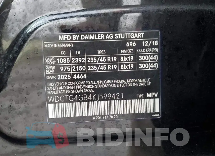 WDCTG4GB4KJ599421 Photo# 13