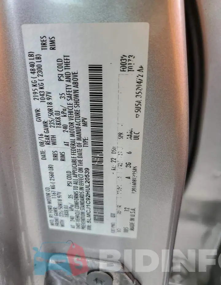 5LMCJ1C92HUL20539 Photo# 12