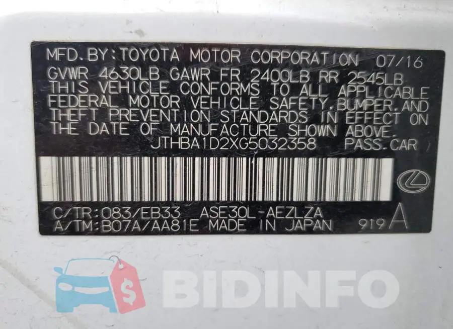 JTHBA1D2XG5032358 Photo# 12