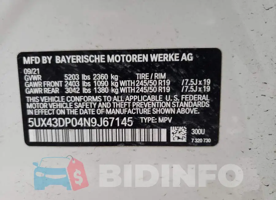 5UX43DP04N9J67145 Photo# 13