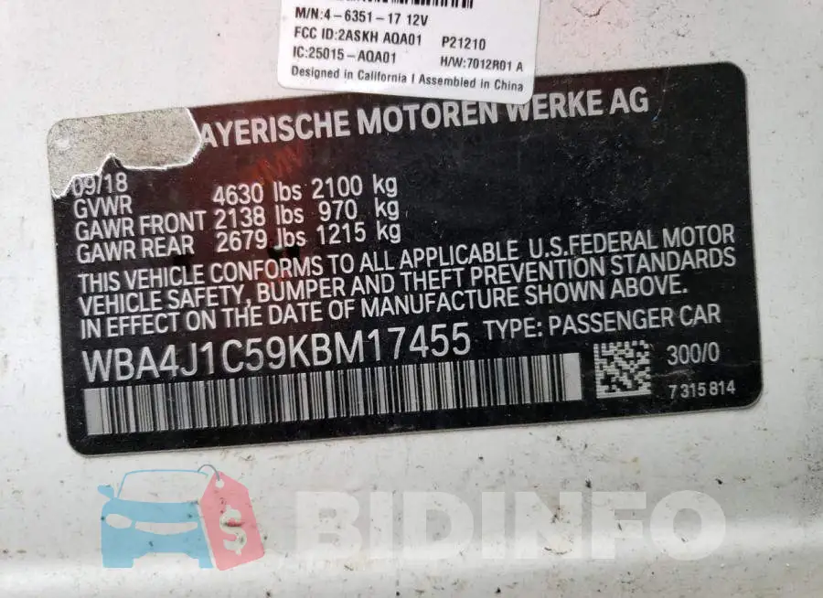 WBA4J1C59KBM17455 Photo# 12