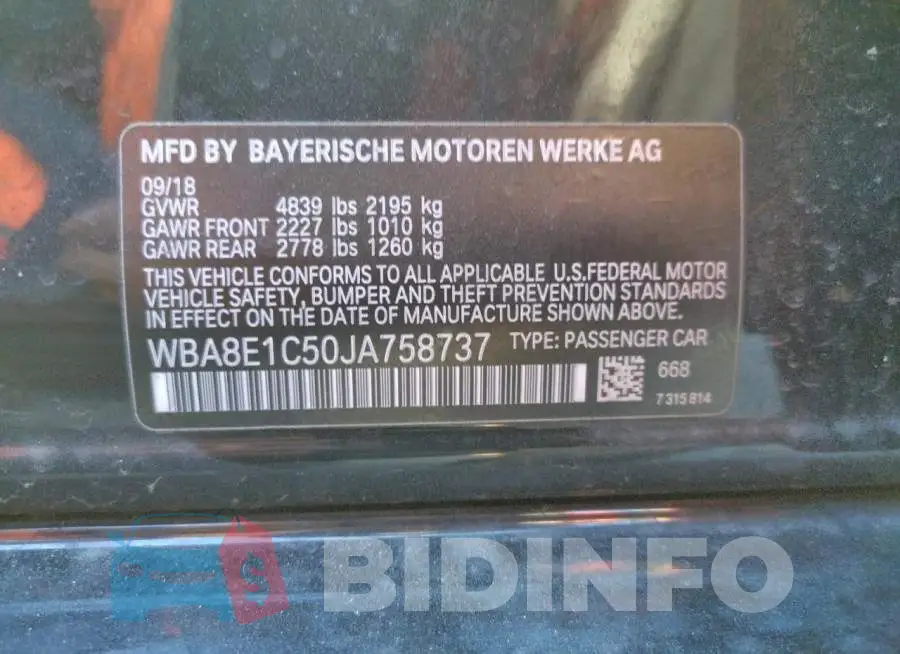 WBA8E1C50JA758737 Photo# 13