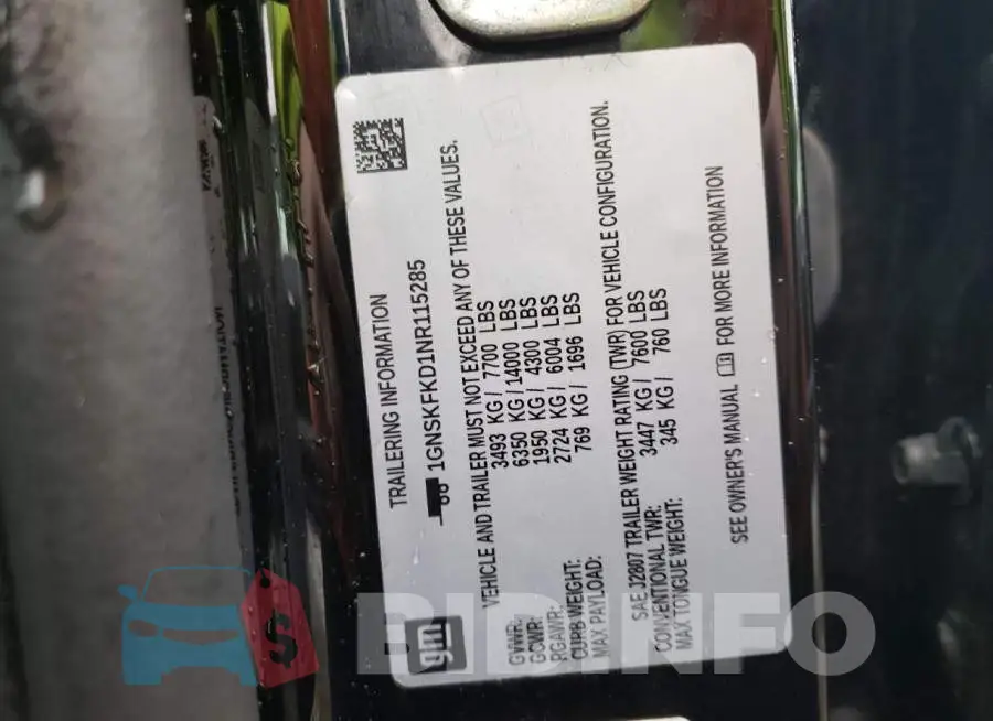 1GNSKFKD1NR115285 Photo# 12