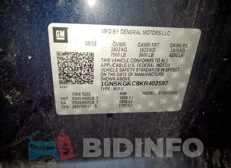 1GNSKGKC8KR402597 Photo# 14