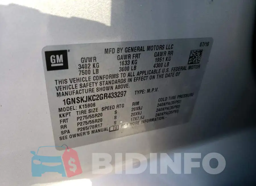 1GNSKJKC2GR433297 Photo# 10