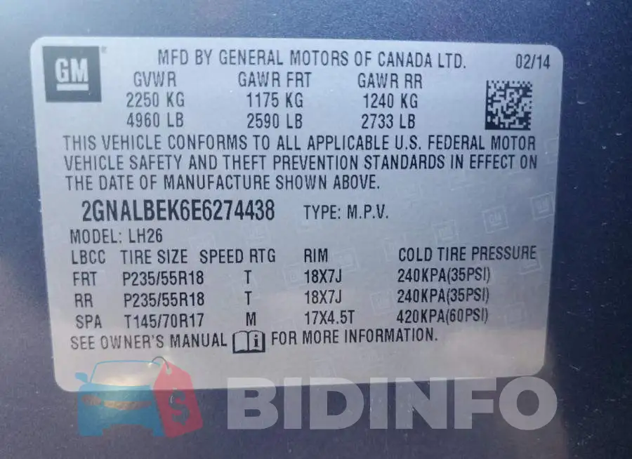 2GNALBEK6E6274438 Photo# 14