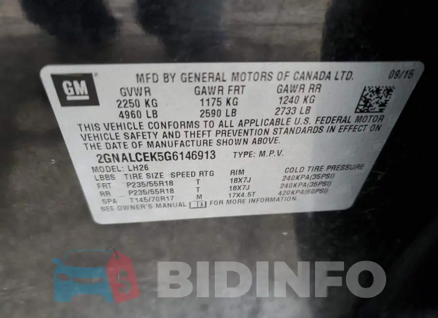 2GNALCEK5G6146913 Photo# 13
