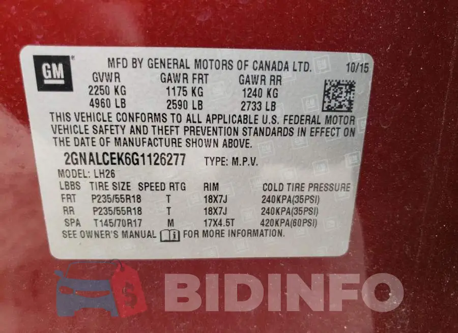 2GNALCEK6G1126277 Photo# 13