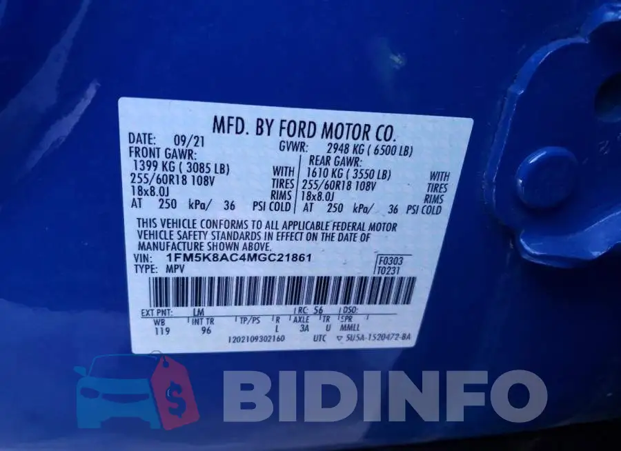 1FM5K8AC4MGC21861 Photo# 12