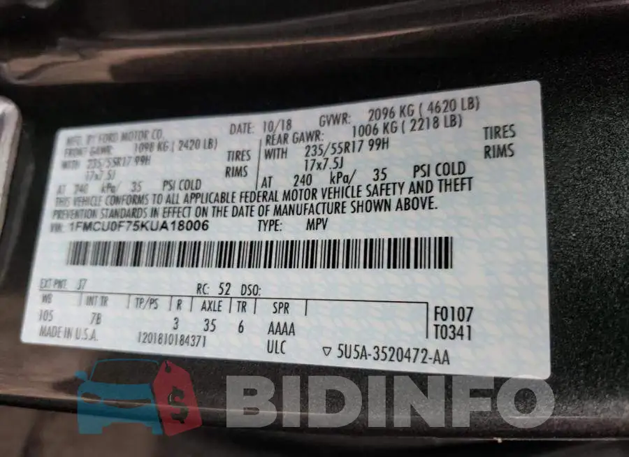 1FMCU0F75KUA18006 Photo# 13