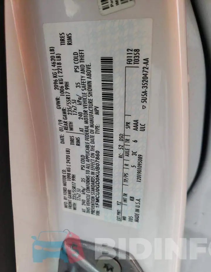 1FMCU0GD0KUB07860 Photo# 13