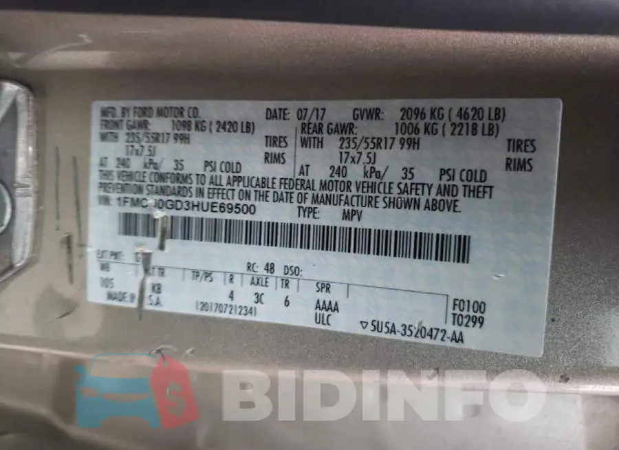1FMCU0GD3HUE69500 Photo# 13