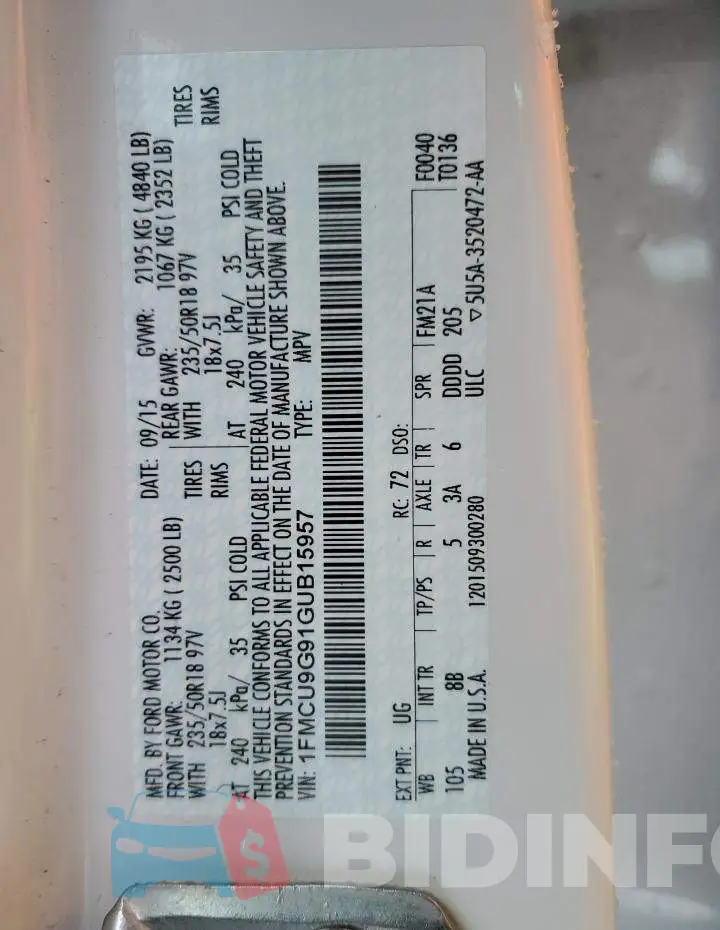 1FMCU9G91GUB15957 Photo# 12